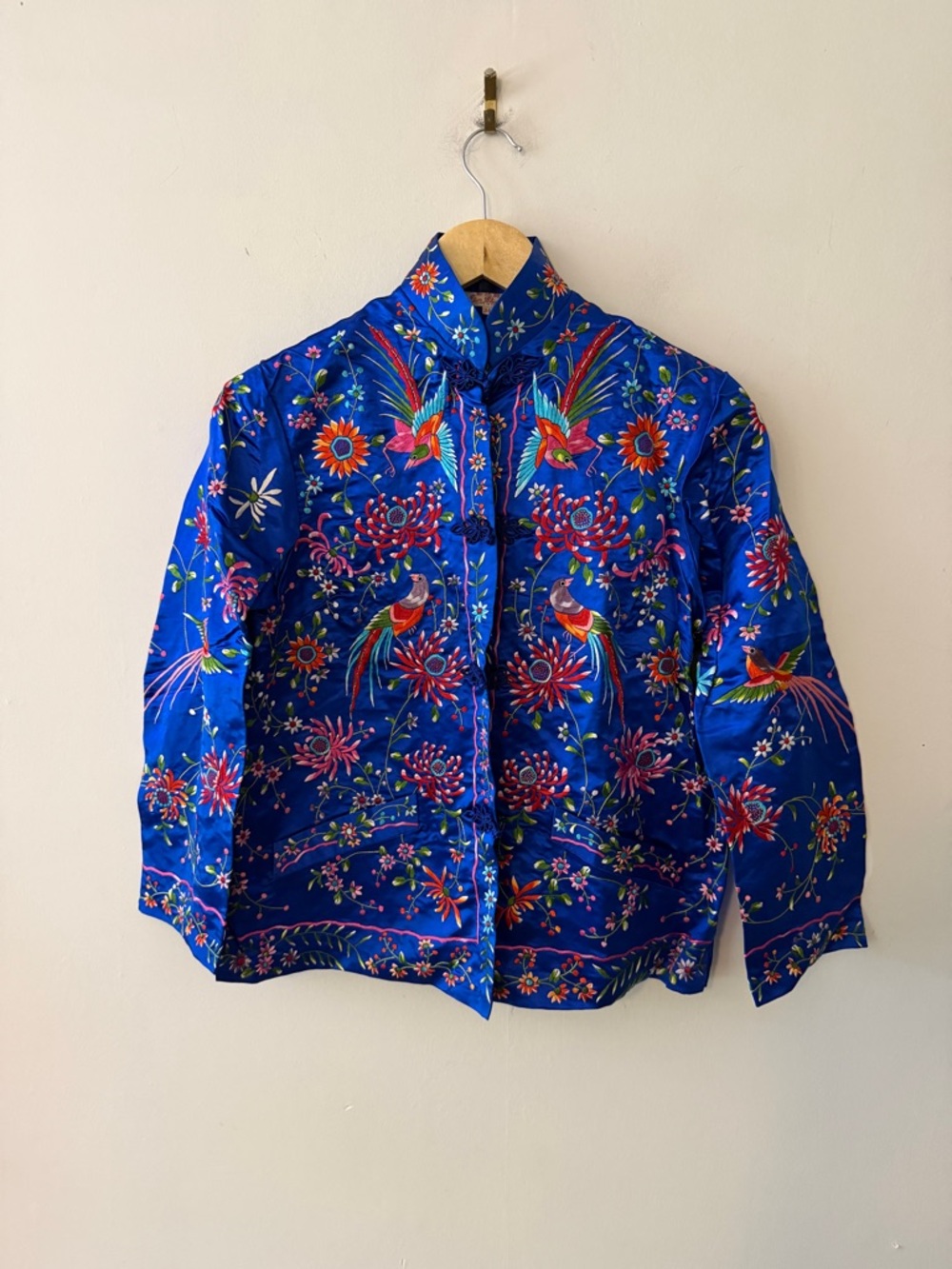Plum Blossoms Embroidered Blue Satin Bomber Jacket with Floral & Bird Motif